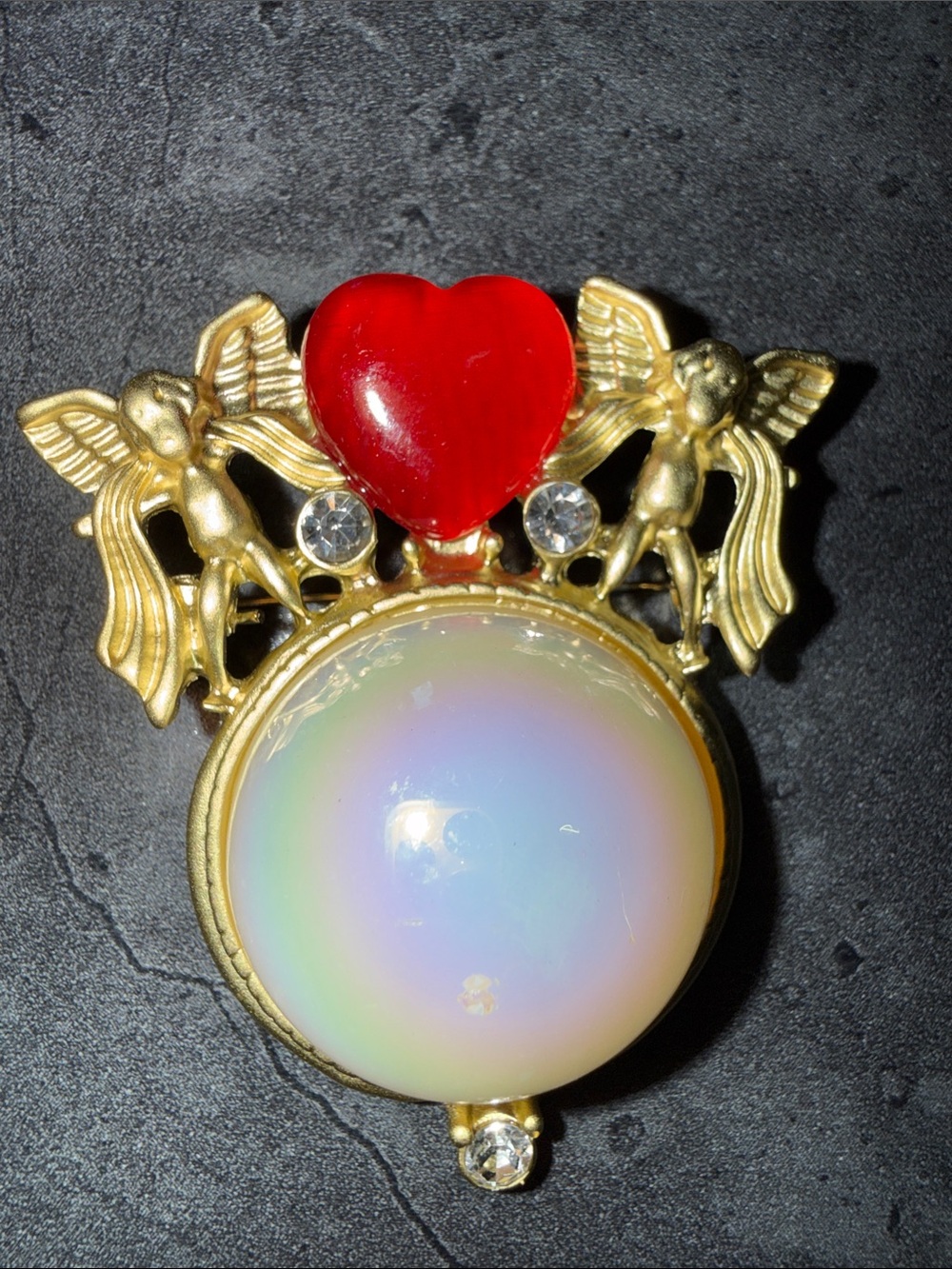 Gold-Tone Angel Heart Opalescent Cabochon Brooch - Red & Opal Colors